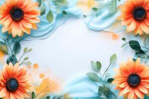 Orange Sunflowers and Green Leaves Surrounding a Blue Background photo