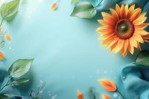 A vibrant sunflower with green leaves and petals on a blue background photo