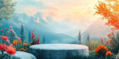 Stone Platform in a Misty Mountain Landscape with Flowers photo