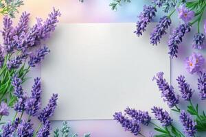 Lavender Flowers Arranged Around a White Card on a Pastel Background photo