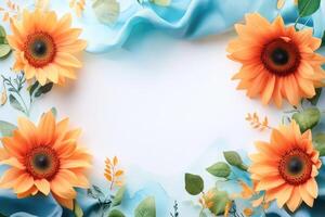 Four Sunflowers Arranged with Blue Fabric and Green Leaves photo