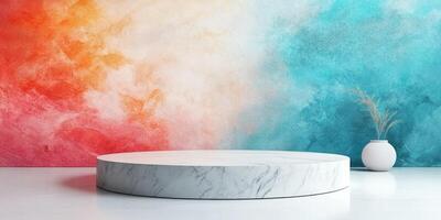 White Marble Podium on Watercolor Background photo