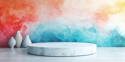Marble Pedestal with Vases Against an Abstract Watercolor Background photo