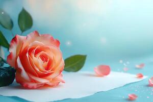 A Single Peach Rose with Petals on a Blue Background photo