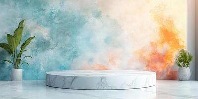 White Marble Podium with Watercolor Background and Plants photo