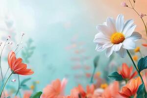 A Single White Daisy with Orange and Pink Flowers in the Background photo