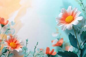 A single white and peach flower with green leaves against a light blue and orange background photo