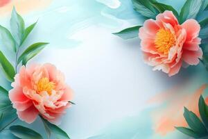 Two Peach Peonies with Green Leaves on a Blue and Peach Background photo