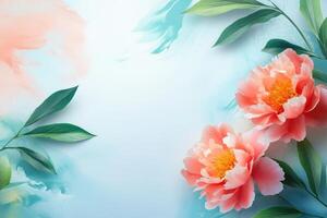 Delicate Peach Peonies and Greenery on a Blue Watercolor Background photo
