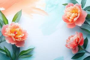 Peach Peonies with Green Leaves on Blue and Peach Background photo
