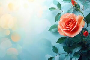A Single Peach Rose with Green Leaves on a Blue Background photo