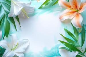 White and Orange Lilies with Green Leaves on a Pastel Background photo