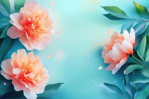 Peach Peonies and Green Leaves on a Blue Background photo