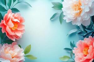 White and Peach Peonies with Green Leaves on a Blue Background photo