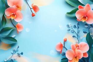 Delicate Pink Orchids and Green Leaves on a Blue Background photo