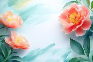 Peach Peonies and Green Leaves on a Blue and White Watercolor Background photo