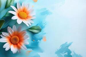 Two White Daisies with Orange Centers on Blue Background photo