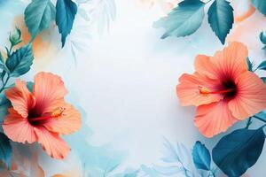 Two Peach Hibiscus Flowers and Greenery on a Pastel Blue Background photo