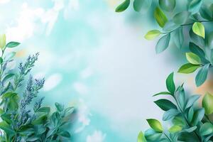 Green Leaves and Sprigs Framing a Light Blue Background photo