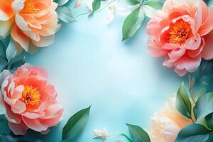 Peach and White Peonies with Green Leaves on a Blue Background photo