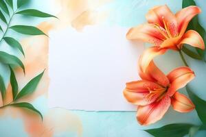 Orange Lilies and Green Leaves on a Painted Background photo