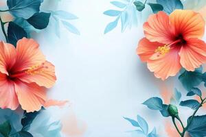 Two Orange Hibiscus Flowers and Green Leaves on a Light Blue Background photo