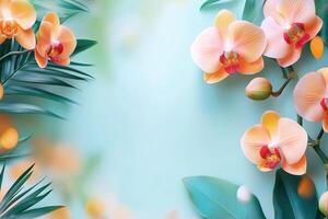Delicate Peach Orchids and Lush Green Leaves on a Soft Blue Background photo