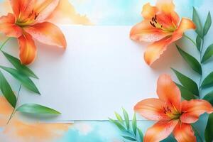 Orange Lily Flowers and Green Leaves Surrounding a Blank White Paper photo