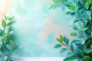 Green Leaves Framing a Soft Mint and Peach Background photo