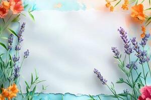 Lavender and Orange Flowers Surrounding a White Paper Background photo
