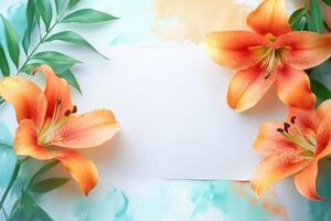 Orange Lily Flowers and Green Leaves Surrounding a Blank White Card photo