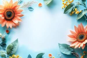 Peach Sunflowers and Greenery on Blue Background photo