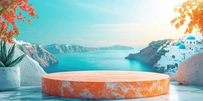 Marble Platform Overlooking Santorini with Blue Domes and Aegean Sea photo