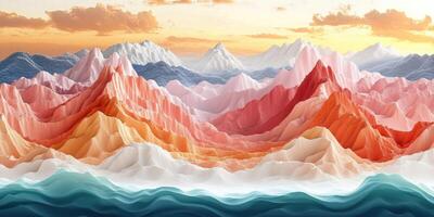 Abstract Mountain Range with Sunset and Ocean Waves photo