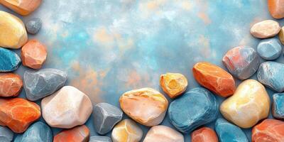 Colorful Stones Arranged on a Blue and Orange Background photo