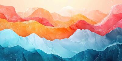 Abstract Watercolor Mountain Landscape in Shades of Blue, Orange, and Red photo