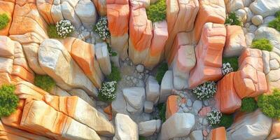 An Aerial View of a Rocky Landscape with White Flowers and Green Foliage photo