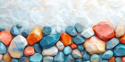 A Row of Smooth, Colorful Stones on a White Background photo