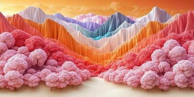 Abstract Landscape with Pink Trees and Colorful Mountains photo