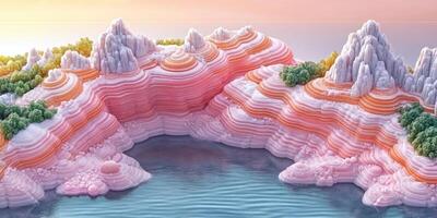 Surreal pink and white layered mountains overlooking a blue body of water photo