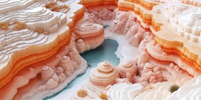 Abstract Landscape with Layered White and Orange Formations and a Blue Stream photo