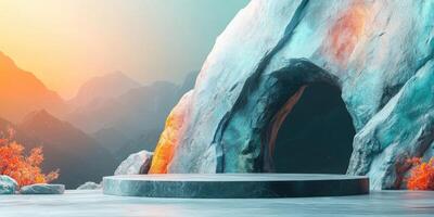A Marble Platform Set Against a Dramatic Mountain Landscape photo
