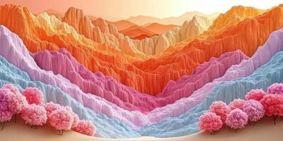 Colorful Mountain Range with Pink Trees in Foreground photo