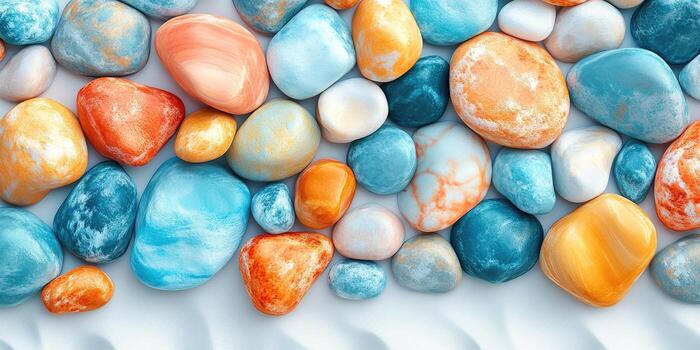 liso, vistoso piedras arreglado en un blanco superficie foto