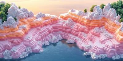 Abstract Landscape with Pink Layered Cliffs and Blue Water photo