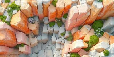 Aerial View of a Rock Formation with Green Foliage and White Flowers photo