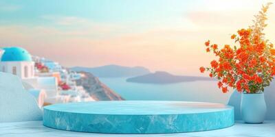 Blue Marble Pedestal Against a Blurry Santorini Sunset Background photo