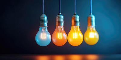 Four Illuminated Light Bulbs Hanging Against a Blue Background photo