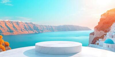 White Marble Platform Overlooking Aegean Sea and Santorini Cliffs photo