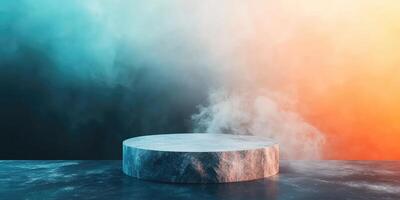 Stone Pedestal with Blue and Orange Smoke Background photo